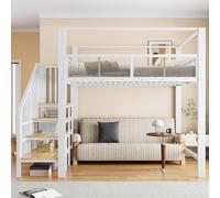 Lit superposé Flieks 140x200 cm avec escalier et étagères, lit superposé avec barrière de sécurité en filet, lit pour enfant en métal avec sommier à lattes, blanc