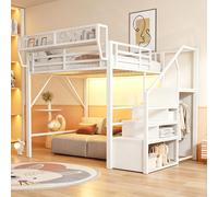 Lit superposé Flieks 140x200 cm avec revêtement en similicuir, lit simple transformable en lit double avec une barre de penderie et des étagères, lit superposé pour adolescents avec étagère de rangeme
