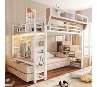 Lit superposé Flieks 140x200 cm avec tiroirs en tissu et barre de penderie, lit superposé en métal avec revêtement en similicuir, lit pour enfant/adolescent avec panier de rangement amovible, blanc
