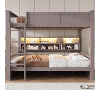 Lit superposé Flieks 160 x 200 cm avec étagère, lit mezzanine pour enfant avec cuir et échelle, lit double pour enfant avec barrière de sécurité et sommier à lattes, marron
