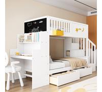 Lit superposé Flieks 90 x 200 cm avec 2 tiroirs, lit d'enfant avec bureau et tableau, lit mezzanine avec escalier de rangement, lit superposé en bois, blanc