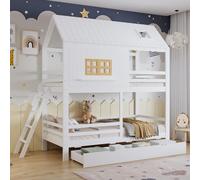 Lit superposé Flieks 90 x 200 cm avec 2 tiroirs, lit enfant en forme de maison avec fenêtre et toit, lit mezzanine pour enfants avec échelle et sommier à lattes pour 2 enfants, blanc