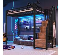 Lit superposé Flieks 90 x 200 cm avec barrière de sécurité et éclairage LED, lit mezzanine avec tringle à vêtements et compartiment de rangement, lit simple en métal pour adolescent avec escalier, noi