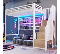 Lit superposé Flieks 90 x 200 cm avec barrière de sécurité et éclairage LED, lit mezzanine avec tringle à vêtements et compartiment de rangement, lit simple en métal pour adolescent avec escalier, bla