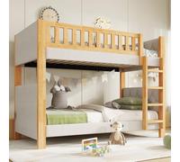 Lit superposé Flieks 90 x 200 cm avec barrière de sécurité et sommier à lattes, lit mezzanine pour enfants avec échelle, lit enfant en bois simple pour 2 enfants, naturel