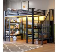 Lit superposé Flieks 90 x 200 cm avec bureau et bibliothèque, lit enfant/adolescent avec LED et fonction de rangement, lit mezzanine avec escalier et penderie Noir