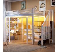 Lit superposé Flieks 90 x 200 cm avec bureau et bibliothèque, lit enfant/adolescent avec LED et fonction de rangement, lit mezzanine avec escalier et penderie, blanc