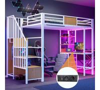 Lit superposé Flieks 90 x 200 cm avec bureau et prise électrique, lit mezzanine avec escalier et barre d'appui, lit pour enfant/adolescent avec barrière de sécurité, blanc