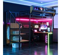 Lit superposé Flieks 90 x 200 cm avec bureau et rangements, lit enfant/adolescent avec fonction LED et recharge, lit double mezzanine avec tringle à vêtements, noir