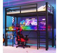 Lit superposé Flieks 90 x 200 cm avec bureau et tiroir, lit mezzanine simple avec échelle, lit enfant/ado avec LED et panneau perforé, noir