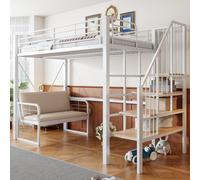 Lit superposé Flieks 90 x 200 cm avec canapé rembourré, lit mezzanine en métal avec escalier intégrant un espace de rangement, lit superposé simple avec barrière de sécurité et sommier à lattes, blanc