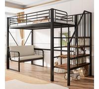 Lit superposé Flieks 90 x 200 cm avec canapé rembourré, lit mezzanine en métal avec escalier intégrant un espace de rangement, lit superposé simple avec barrière de sécurité et sommier à lattes, noir