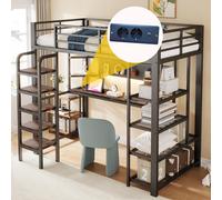 Lit superposé Flieks 90 x 200 cm avec éclairage LED et tiroir, lit mezzanine en métal avec bureau et étagère, lit pour enfant et adolescent avec échelle, noir