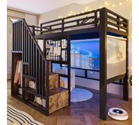 Lit superposé Flieks 90 x 200 cm avec escalier et LED, lit pour adolescent en métal avec tringle à vêtements, lit simple pour enfant avec barrières de sécurité et protection anti-chute, noir