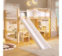 Lit superposé Flieks 90 x 200 cm avec LED, lit d'enfant avec toboggan, lit mezzanine avec rangement et escalier, lit superposé mi-haut avec barrière de sécurité, blanc