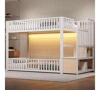 Lit superposé Flieks 90 x 200 cm avec LED, lit enfant surélevé avec porte, lit en métal pour adolescent avec escalier et étagères, lit superposé simple blanc