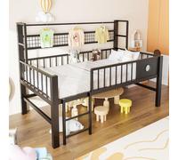 Lit superposé Flieks 90 x 200 cm avec patère et barrière intégrées, lit mezzanine bas pour enfant avec barrière de sécurité et échelle, noir