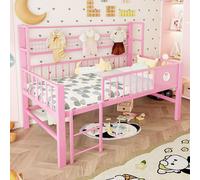 Lit superposé Flieks 90 x 200 cm avec patère et barrière intégrées, lit mezzanine bas pour enfant avec protection anti-chute et échelle, rose