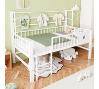 Lit superposé Flieks 90 x 200 cm avec patère et barrière intégrées, lit mezzanine bas pour enfant avec protection anti-chute et échelle, blanc