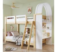 Lit superposé Flieks 90 x 200 cm avec rangements, lit mezzanine pour enfants avec sommier à lattes et barrière de sécurité, lit maison pour 2 enfants, naturel