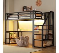 Lit superposé Flieks 90 x 200 cm avec table et étagères, lit métallique en hauteur avec éclairage LED et tiroir, lit pour enfants et adolescents avec sommier à lattes, noir