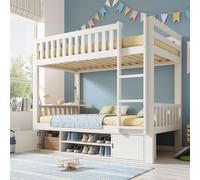 Lit superposé Flieks 90 x 200 cm avec table rabattable, lit mezzanine avec étagère à chaussures, lit simple pour enfant avec barrière de sécurité et échelle, blanc