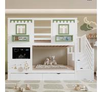 Lit superposé Flieks 90 x 200 cm avec tableau et crochets en bois, lit enfant en forme de maison avec fenêtre, lit mezzanine pour enfant avec tiroirs et escalier, blanc