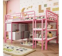 Lit superposé Flieks 90 x 200 cm avec tiroirs et étagère, lit enfant simple avec barrière de sécurité, lit mezzanine en métal avec sommier à lattes, rose
