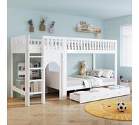 Lit superposé Flieks 90 x 200 cm avec tiroirs, lit mezzanine avec barrière de sécurité et sommier à lattes, lit simple pour enfant, lit superposé pour 2 enfants, blanc