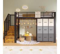Lit superposé Flieks 90 x 200 cm avec tiroirs, lit mezzanine en métal avec tringle à vêtements et étagères, lit simple pour enfant avec barrière de sécurité, noir