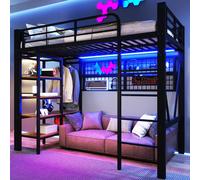 Lit superposé Flieks 90 x 200 cm avec tringle à vêtements et étagère, lit mezzanine avec LED, lit enfant avec barrière et échelle, lit superposé en métal noir