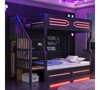 Lit superposé Flieks 90 x 200 cm avec tringle à vêtements et rangements, lit pour adolescent en métal avec revêtement en cuir, lit mezzanine pour enfant avec escalier et sommier à lattes, noir