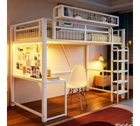 Lit superposé Flieks 90x200 cm avec bureau et prise électrique, lit superposé pour enfants avec barrière de sécurité et panier de rangement amovible, lit pour adolescents avec moustiquaire, blanc