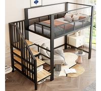 Lit superposé Flieks 90x200 cm avec escalier et étagères, lit superposé avec barrière de sécurité en filet, lit pour enfant en métal avec sommier à lattes, couleur noire