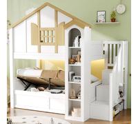 Lit superposé Flieks 90x200 cm avec revêtement en similicuir, lit enfant à plateforme avec système hydraulique, lit en cabane avec étagère et escalier de rangement, lit simple avec barrière de sécurit