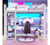 Lit superposé Flieks 90x200 cm avec revêtement en similicuir, lit pour enfant/adolescent avec bureau et penderie, lit superposé simple avec étagère et sommier à lattes, blanc