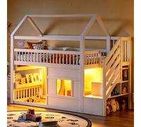 Lit superposé Flieks 90x200 cm avec revêtement en similicuir, lit pour enfant avec escalier de rangement, lit-cabane en hauteur avec sommier à lattes et barrière de sécurité, lit superposé blanc