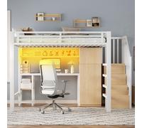 Lit superposé Flieks en métal 140 x 200 cm avec armoire, lit mezzanine pour enfant avec bureau et LED, lit double pour adolescent, blanc