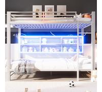 Lit superposé Flieks en métal 140 x 200 cm avec compartiments de rangement ouverts, lit mezzanine pour enfant avec LED, lit double pour adolescent avec sommier à lattes et barrière de sécurité