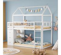 Lit superposé Fortuna Lai 90 * 200 cm, forme maison, barrière de sécurité, avec commode de rangement et étagères, lit mezzanine bas avec échelle, cadre en bois massif, blanc
