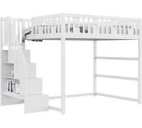 Lit superposé Fortuna Lai pour enfants 140*200 avec escalier, lit mezzanine en bois massif avec barrière de sécurité, décorations étoiles et lunes. Blanc