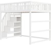 Lit superposé Fortuna Lai pour enfants 140*200 avec escalier, lit mezzanine en bois massif avec barrière de sécurité, décorations étoiles et lunes. Blanc