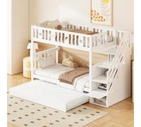 Lit superposé Fortuna Lai pour enfants 90*200 cm, lit superposé en bois massif, lit gigogne 90*190 cm, avec escalier de sécurité, escalier de rangement, sommier à lattes, blanc
