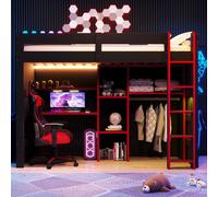 Lit superposé gaming 90 x 200 cm, lit mezzanine en bois avec bureau, armoire, espace de rangement multi-étages, éclairage LED et port de charge USB, noir/rouge