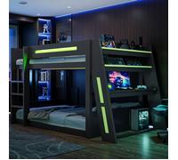 Lit superposé gaming en bois 140x200 cm avec bureau, deux étagères, port USB et éclairage LED, noir et vert