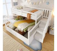 Lit superposé hydraulique Flieks 90 x 200 cm / 140 x 200 cm avec rangement, lit d'enfant avec escalier et barrière de sécurité, lit mezzanine avec sommier à lattes, blanc