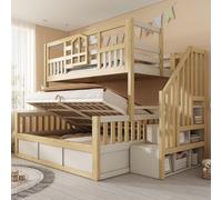 Lit superposé hydraulique Flieks 90 x 200 cm / 140 x 200 cm, lit enfant en forme de maison avec escalier intégrant un espace de rangement, lit mezzanine avec fenêtre et sommier à lattes, finition natu