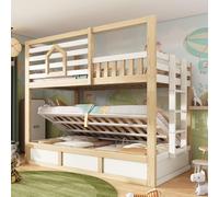 Lit superposé hydraulique Flieks 90 x 200 cm avec rangement, lit enfant en forme de maison avec fenêtre, lit mezzanine avec échelle et barrière de sécurité, aspect naturel