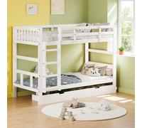 Lit superposé INONEFT pour enfants, 90x200 cm, lit à étage avec espace de rangement, sommier à lattes et barrière de sécurité, transformable en 2 lits simples, en bois massif de pin, de couleur blanch