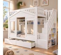 Lit superposé, lit à baldaquin pour enfants, dimensions 90 x 200 cm, avec barrière de sécurité, escalier avec espace de rangement et design de maison, en bois massif, finition blanche